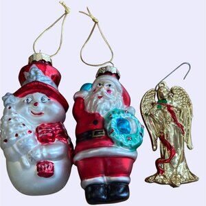 Vintage Glass Santa & Snowman & Angel Christmas Tree Ornaments Set Of 3 Hand-Pai